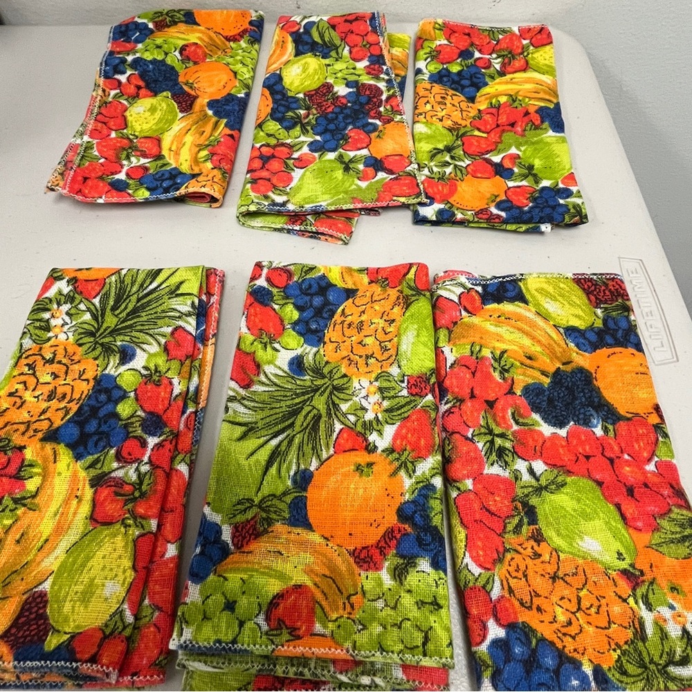 Pottery Barn linen dinner napkins 6 fruit floral red gold blue green orange